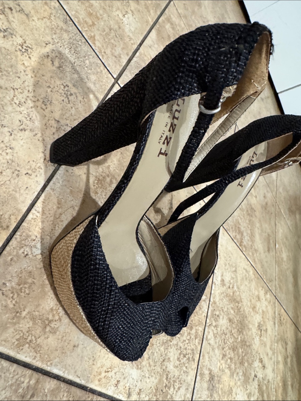 Luzzi brand Made In Italy Textured Black Peep-Toe Slingback Heels by Tuzzi